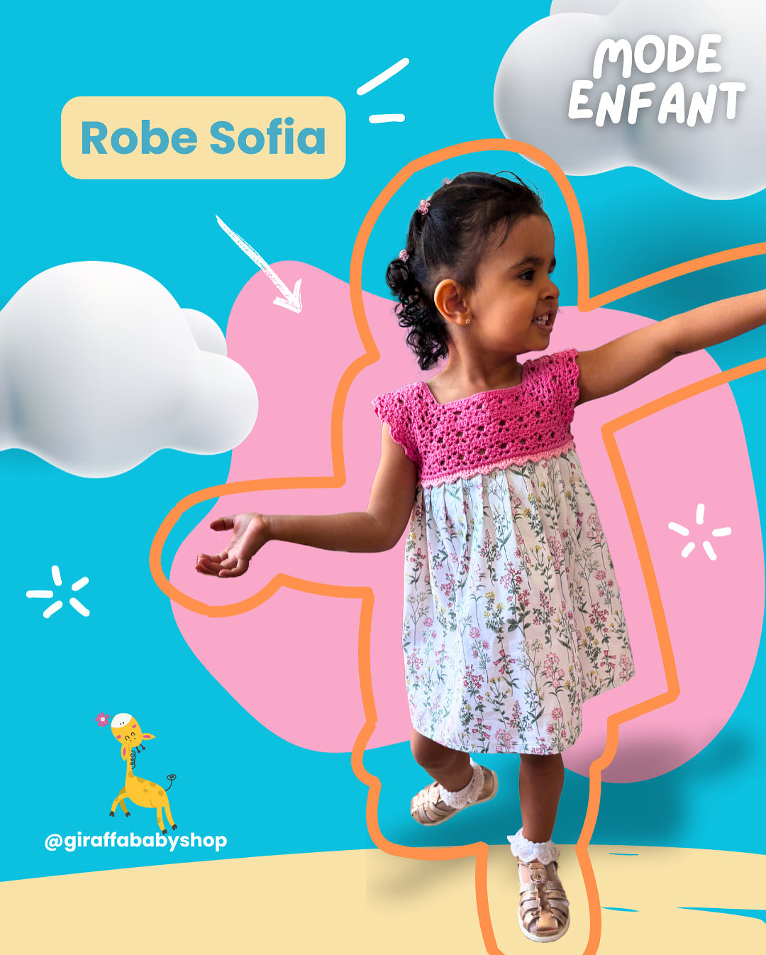 Robe enfant fleurie avec détails en crochet rose faite à la main