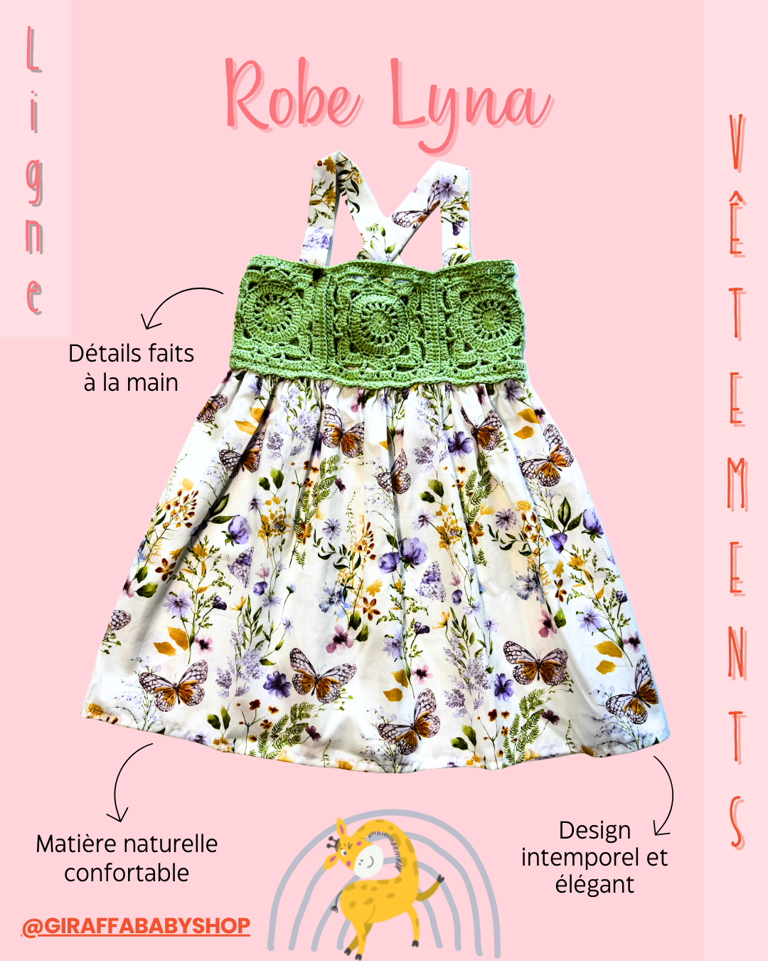 Robe enfant fleurie avec détails en crochet vert faite à la main