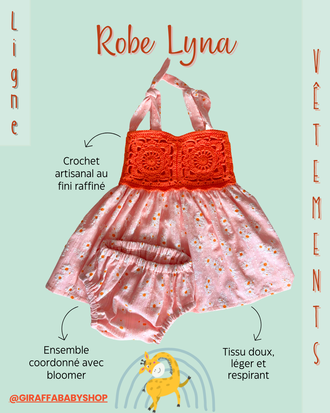 Robe enfant fleurie avec détails en crochet orange faite à la main